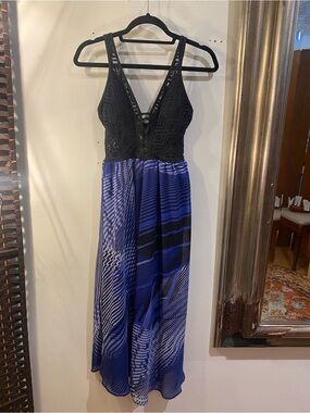 OOAK Upcycled Swim top Black & Blue V-Neck Lace Bodice Maxi Dress
